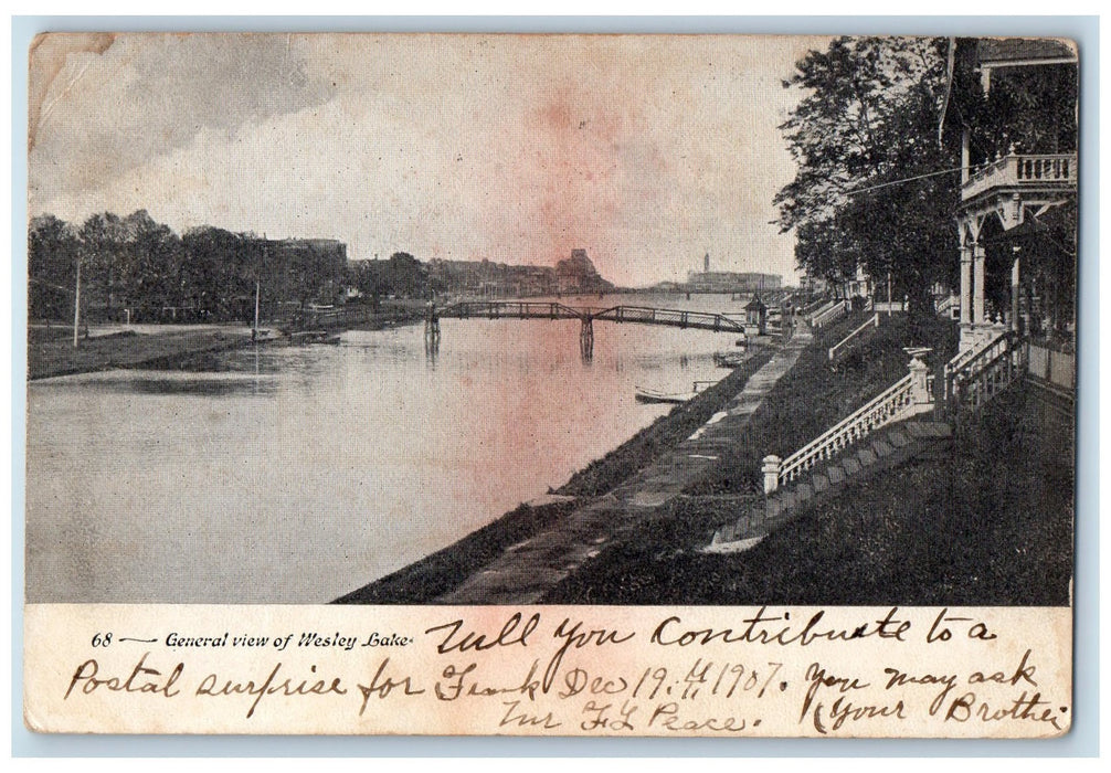 1907 General View Bridge Sea Wall Stairs Wesley Lake Boat New Jersey NJ Postcard