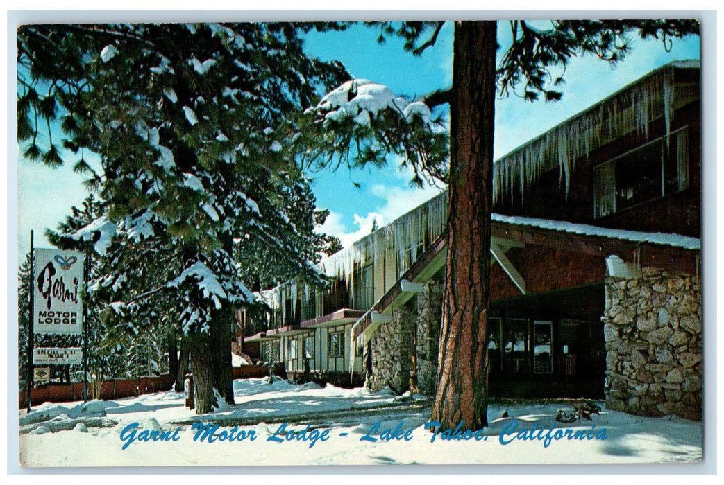 c1950's Garni Motor Lodge Winter View Restaurant Entrance Lake Tahoe CA Postcard