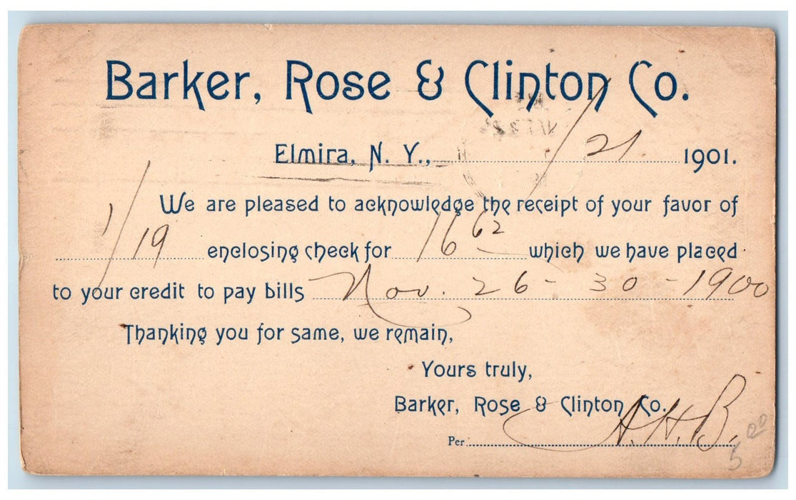1901 Barker Rose Clinton Co Billhead Receipt Invoice Elmira New York NY Postcard