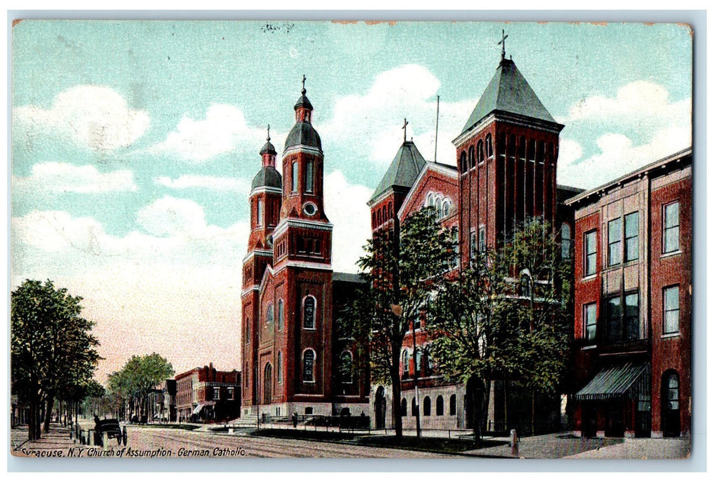 1910 Church Of Assumption German Catholic Horse Carriage Syracuse NY Postcard