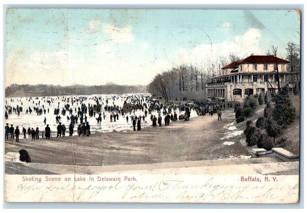 1910 Skating Scene On Lake Delaware Park Dirt Path Buffalo New York NY Postcard
