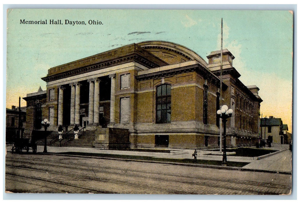 1912 Memorial Hall Entrance View Stairs Light Post Wagon Dayton Ohio OH Postcard
