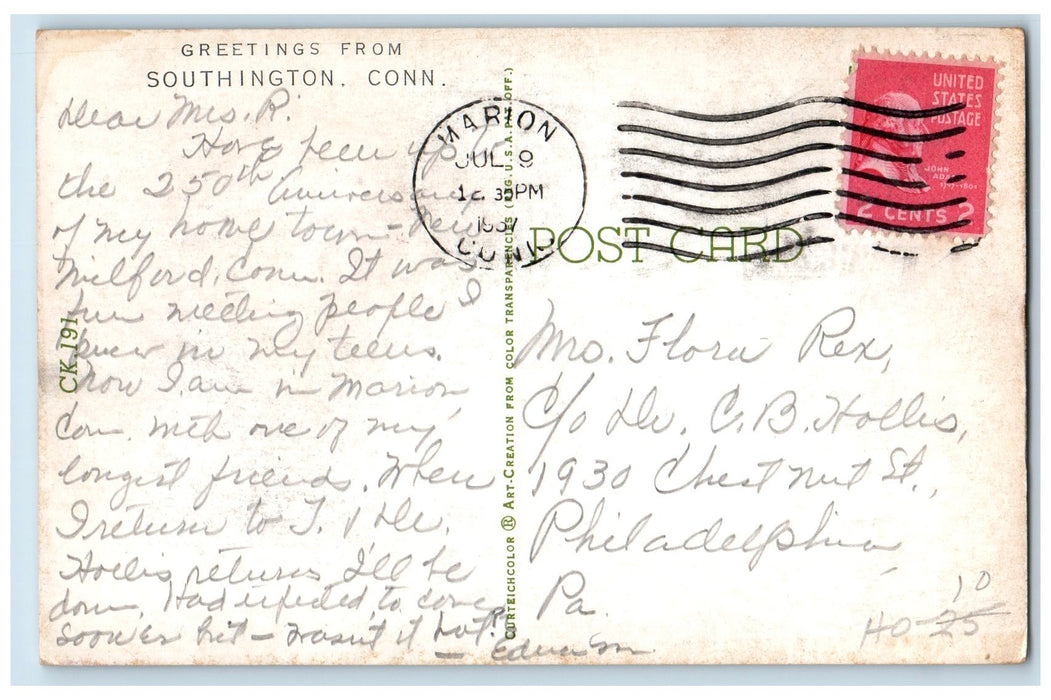 1957 Greetings From Southington Mountain Road Forest Connecticut CT Postcard