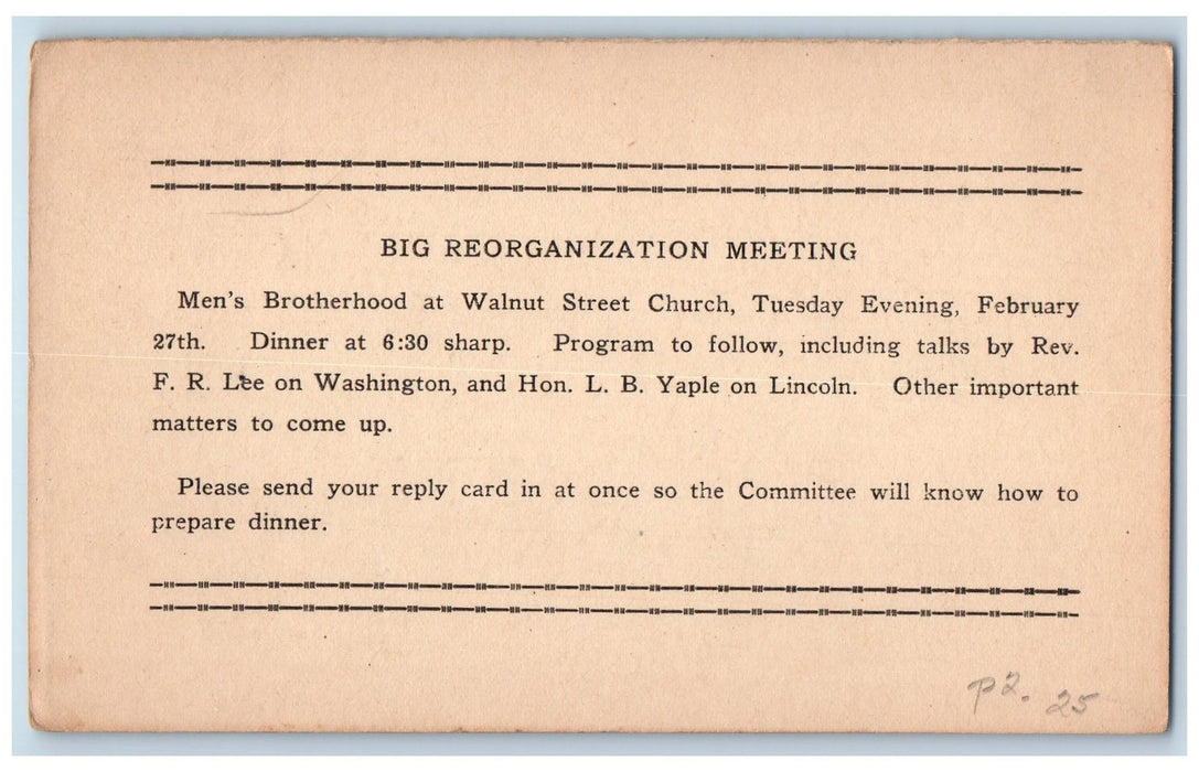 1923 Walnut Street Church Meeting Invitation Men's Brotherhood Ohio OH Postcard