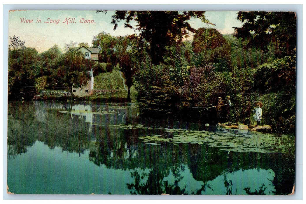 1911 View In Long Hill Lake Kids Fishing Forest House Connecticut CT Postcard