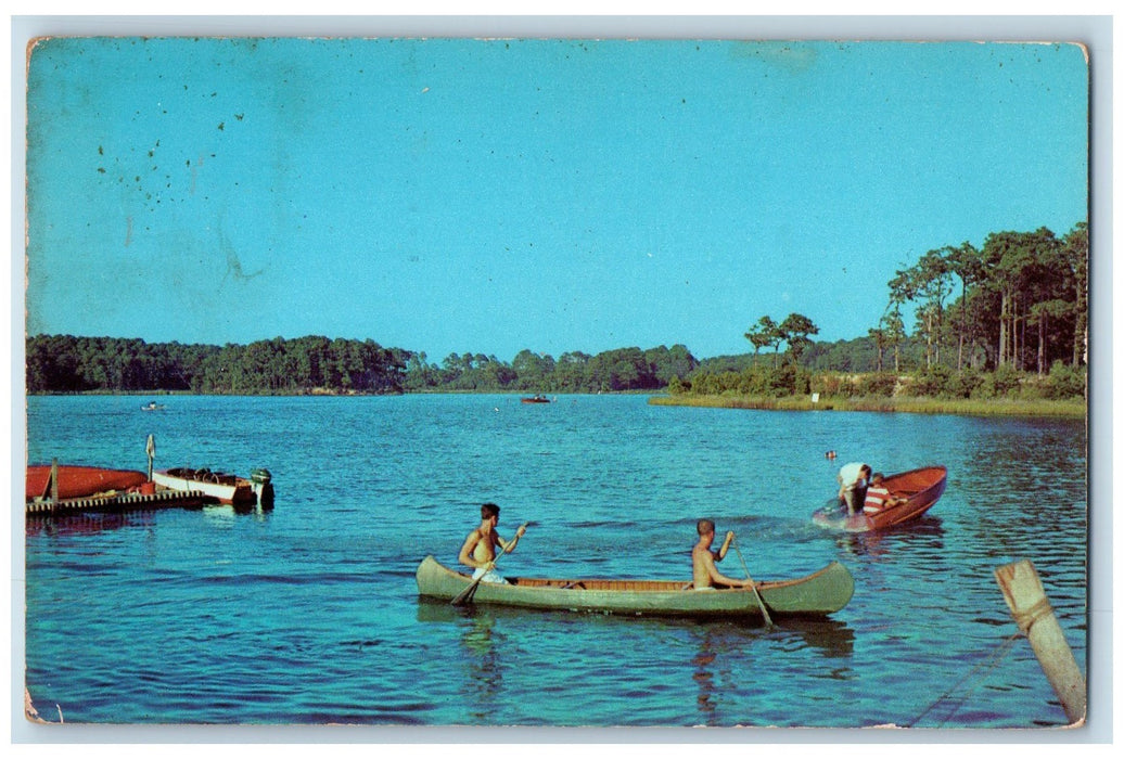 1952 Greetings From Westport Lake Canoe Paddling Boating Connecticut CT Postcard