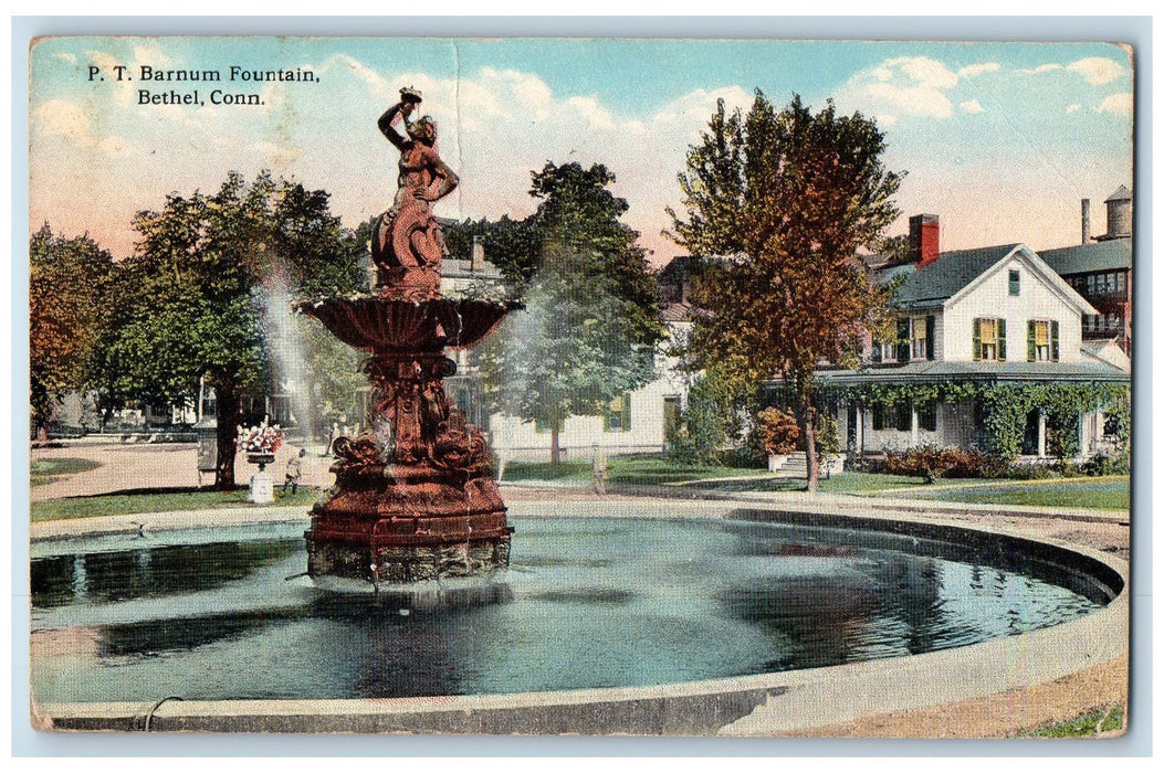 1922 PT Barnum Fountain houses Dirt Road Trees Bethel Connecticut CT Postcard
