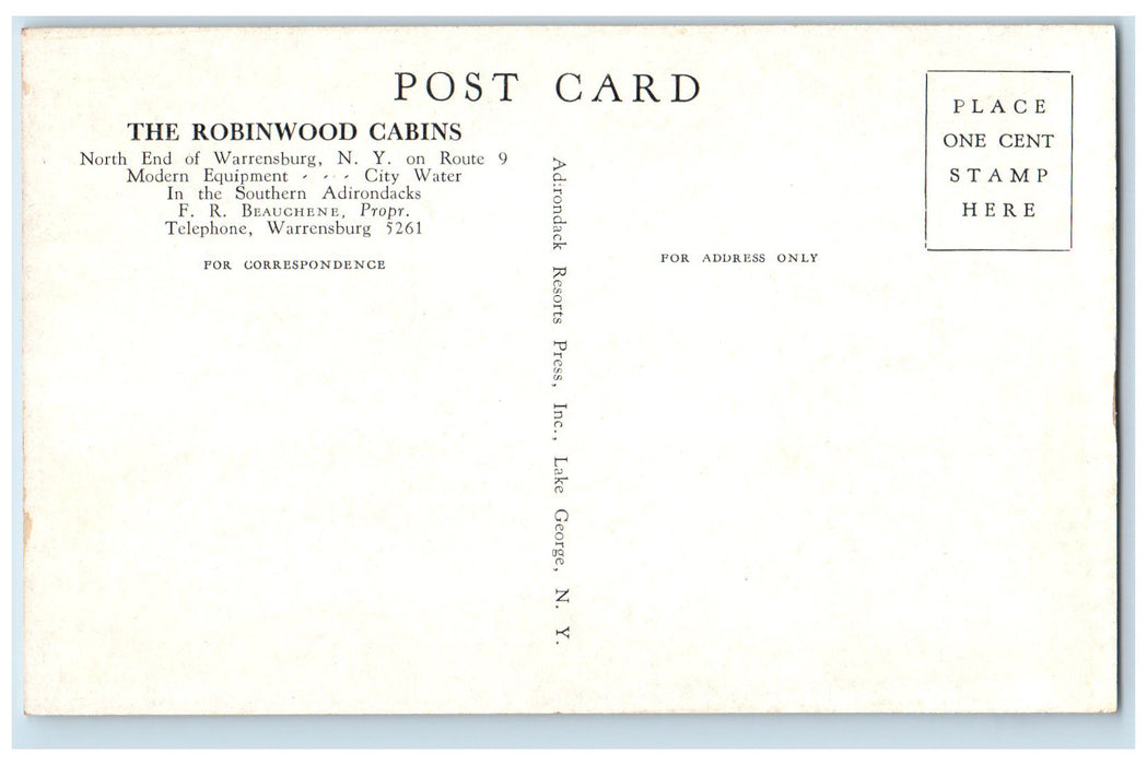 c1960's The Robinwood Cabins Route 9 Warrensburg New York NY Unposted Postcard