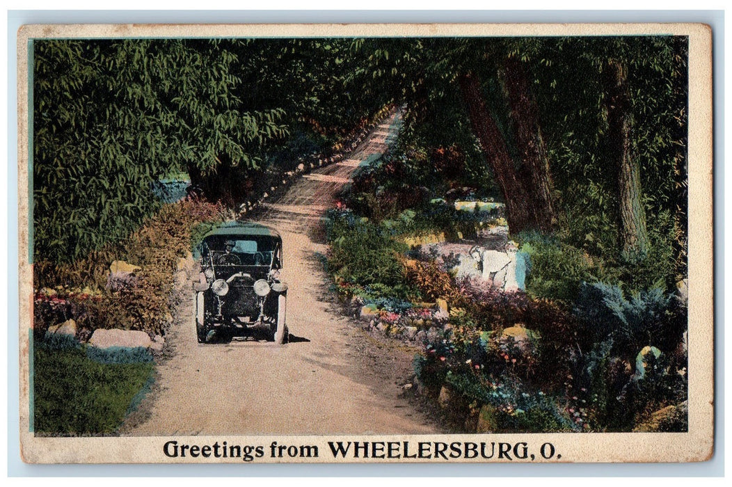 c1905's Greetings From Wheelersburg Classic Car Dirt Road Trees Ohio OH Postcard