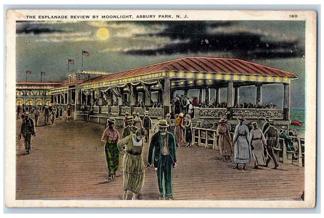 c1920's The Esplanade Review By Moonlight Asbury Park New Jersey NJ Postcard