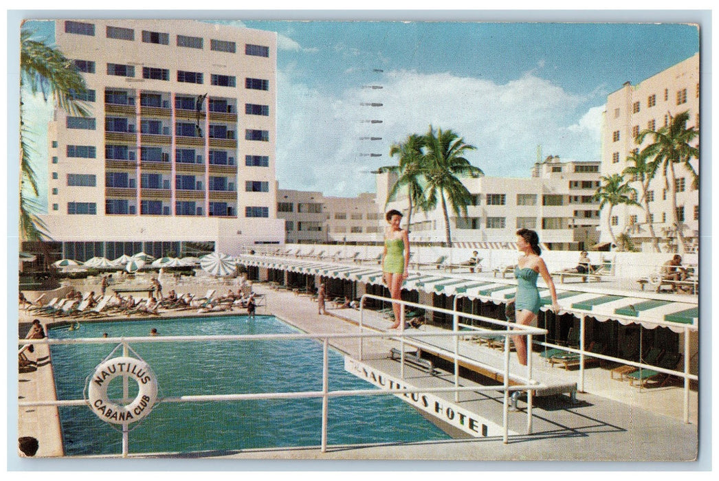 1952 The Nautilus Hotel Pool Scene Miami Beach Florida FL Posted Women Postcard