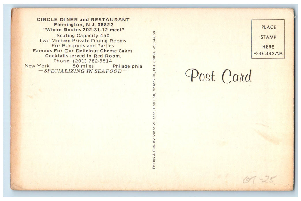 c1960's Circle Diner And Restaurant Flemington New Jersey NJ Unposted Postcard