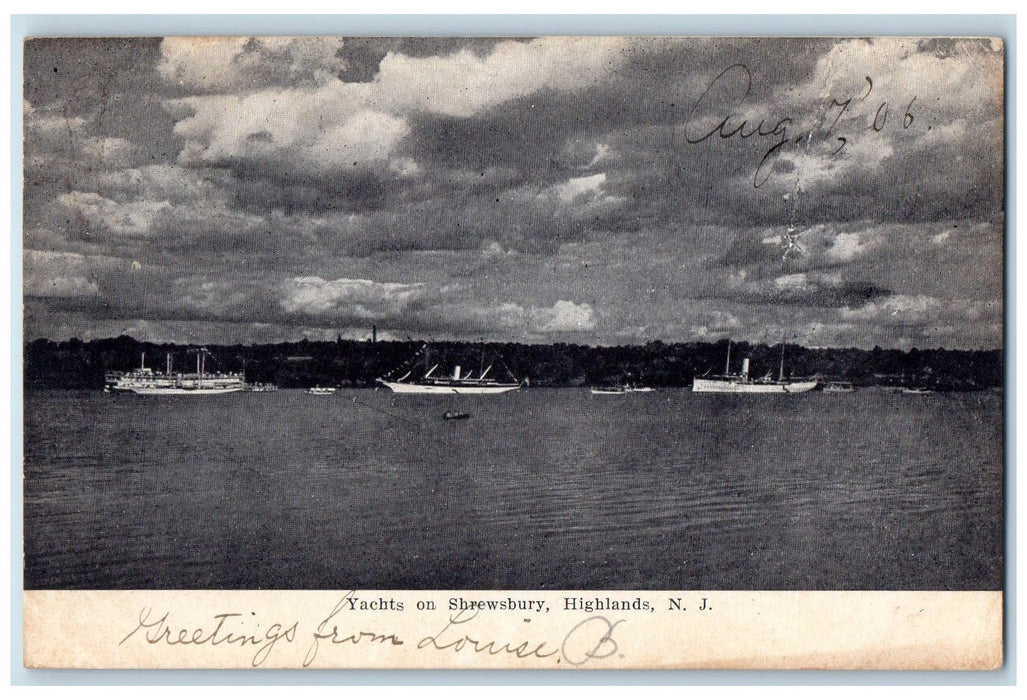 1906 Yacht's On Shrewsbury Scene Highlands New Jersey Posted Antique Postcard