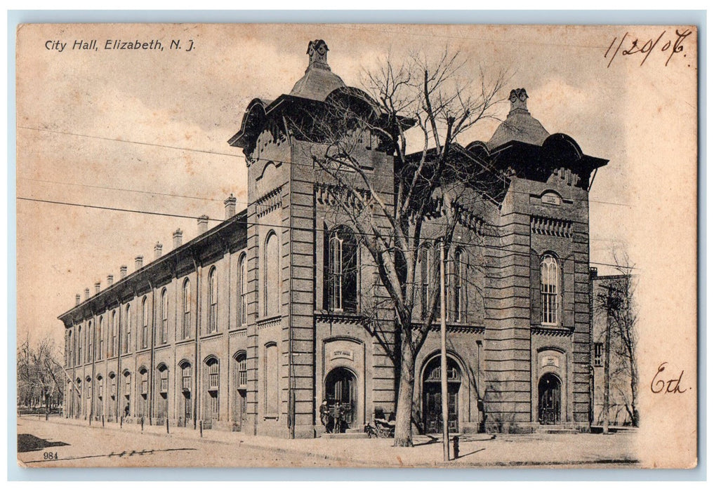 1907 City Hall Exterior Scene Elizabeth New Jersey NJ Posted Antique Postcard