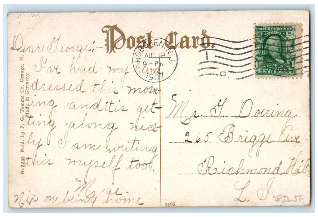1907 Hudson Square Park Monument Hoboken New Jersey NJ Posted Antique Postcard