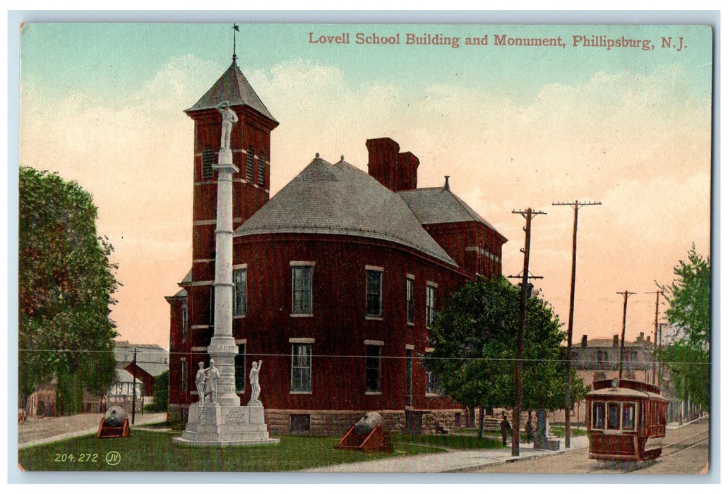 c1910's Lovell School Building And Monument Phillipsburg New Jersey NJ Postcard