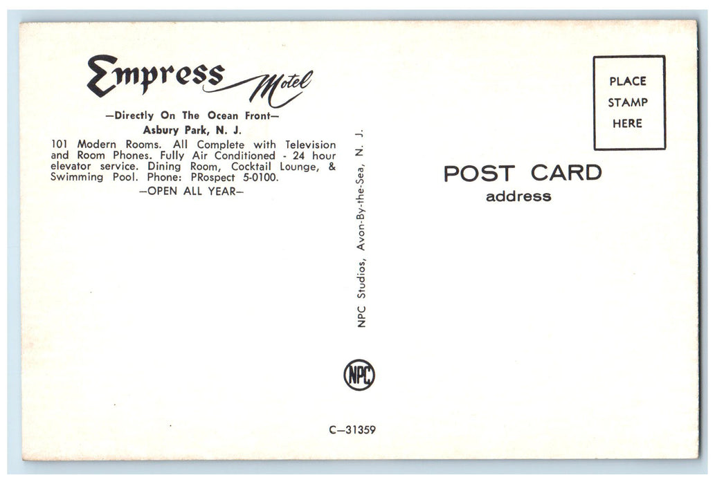 c1950's Empress Motel Restaurant Tourist Asbury Park New Jersey NJ Postcard