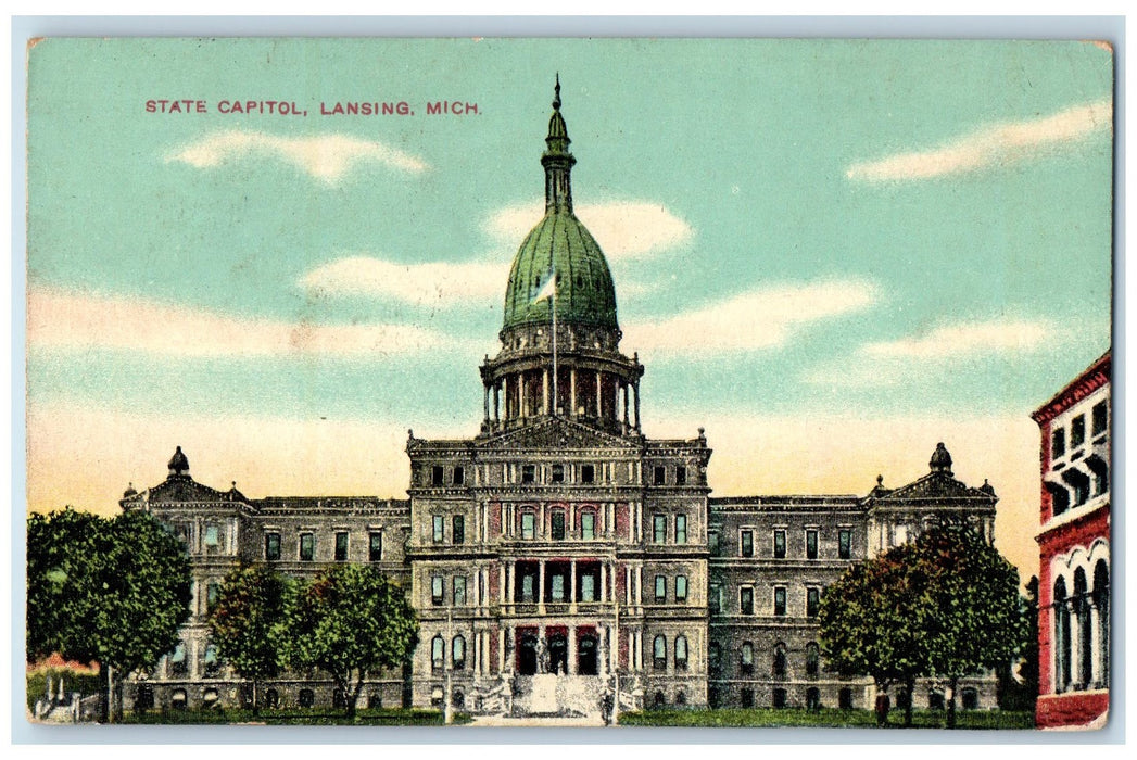 1918 State Capitol Exterior Scene Lansing Michigan MI Posted Vintage Postcard
