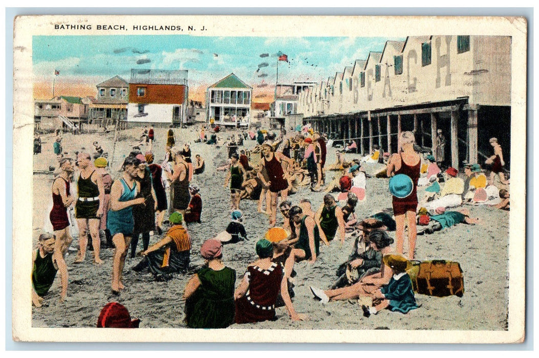1932 Bathing Beach Tourist Cottages Flag Sand Highlands New Jersey NJ Postcard