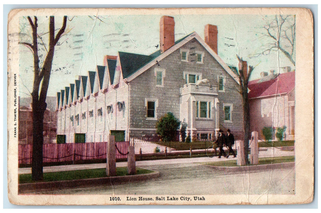 1909 Lion House Front View People Walking Roadside Salt Lake City UT Postcard