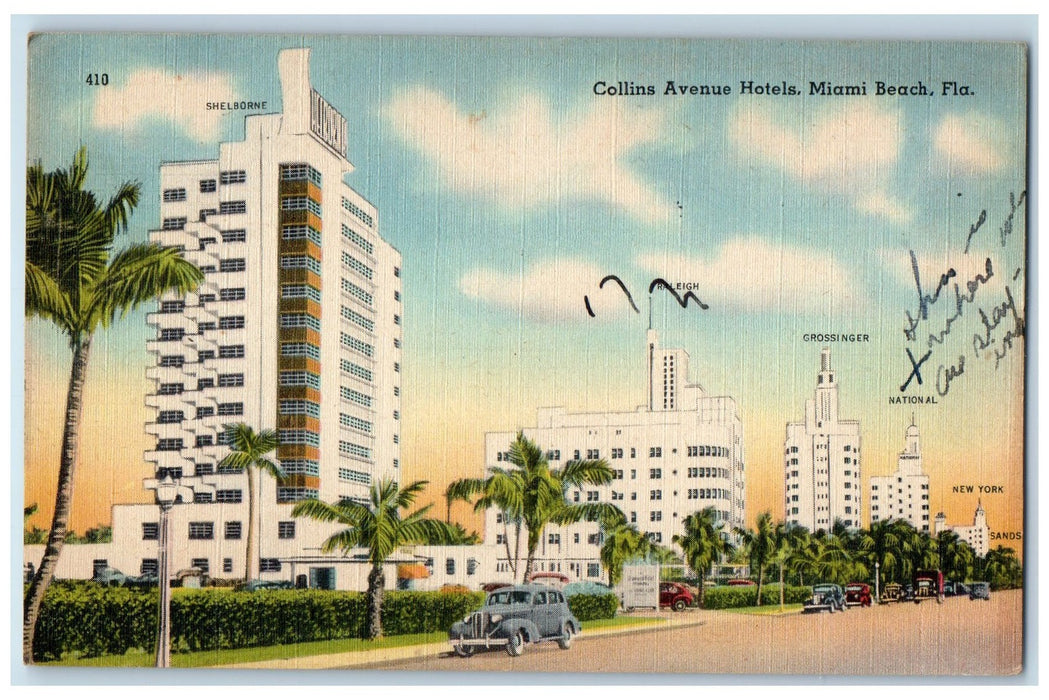 1945 Collins Avenue Hotels Restaurant Classic Cars Buildings Miami FL Postcard