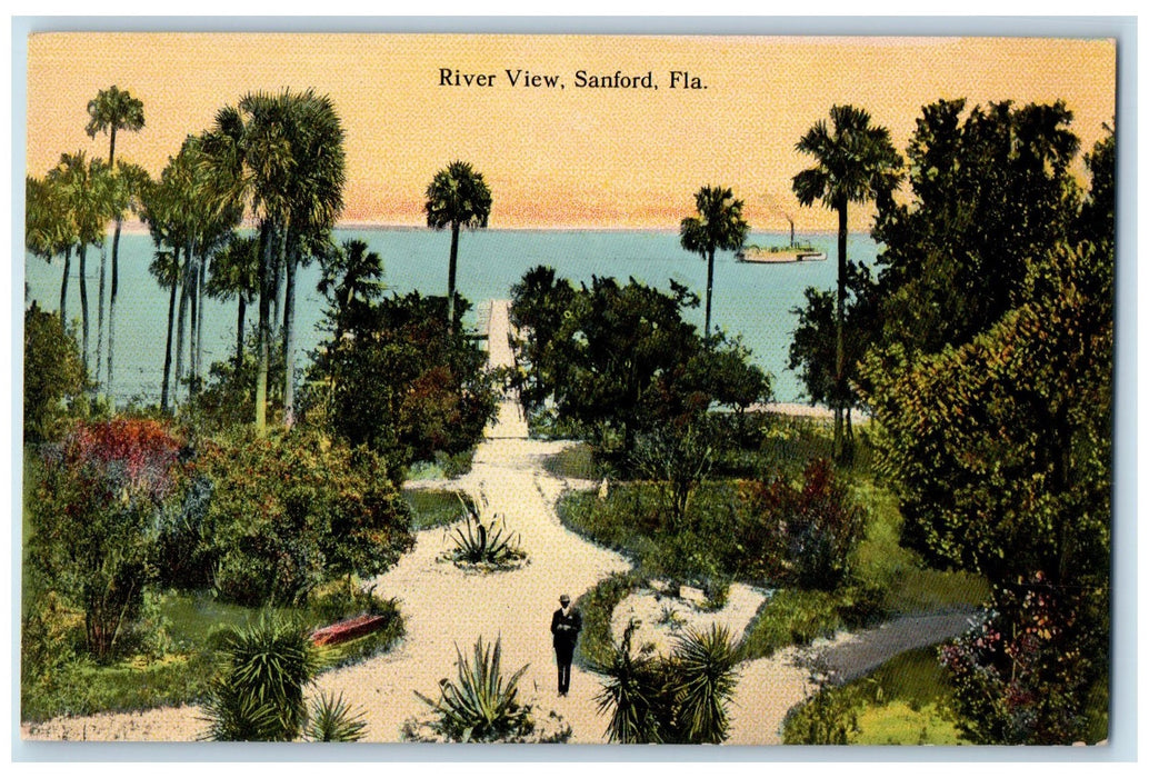 c1950's River View White Sand Path Ferry Garden Docking Sandford FL Postcard