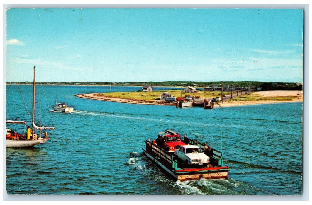 c1950's Chappaquiddick Ferry On Time Heading Dock Cargo Edgartown MA Postcard