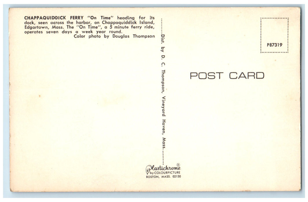 c1950's Chappaquiddick Ferry On Time Heading Dock Cargo Edgartown MA Postcard