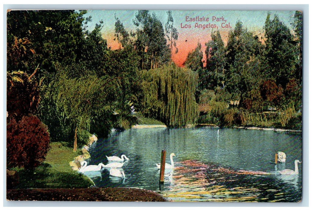 c1950's Eastlake Park View Swan Lake Bridge Los Angeles California CA Postcard