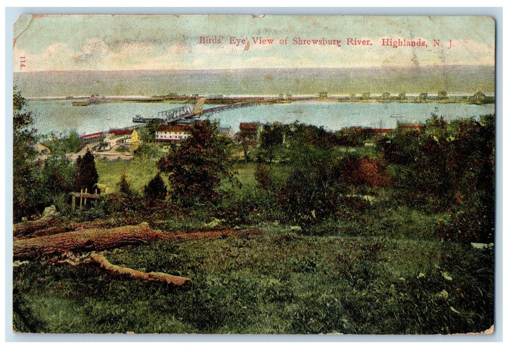 1908 Bird's eye View Of Shrewsbury River Highlands New Jersey NJ Posted Postcard