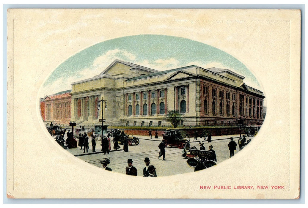 c1920 New Public Library View Classic Cars Horse Carriage Post Lamp NY Postcard