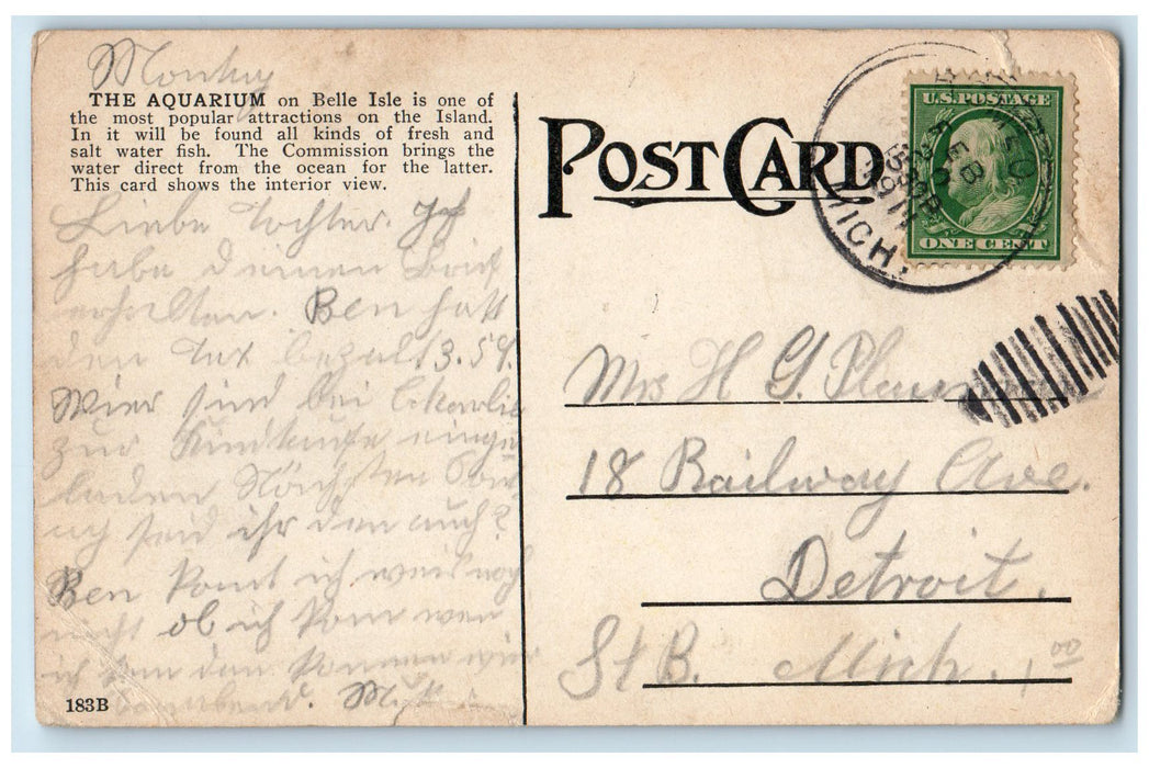 1914 The Aquarium Interior Aquarium Belle Isle Detroit Michigan Posted Postcard