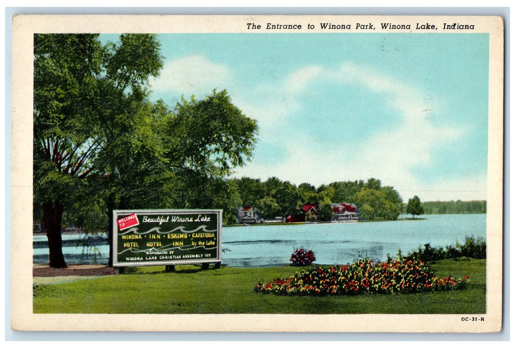 1954 Entrance To Winona Park Hotel Restaurant Winona Lake Indiana IN Postcard