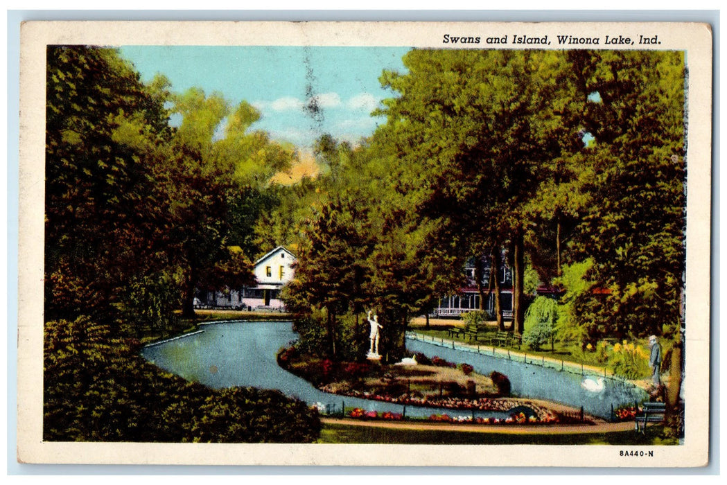 c1950 Swans Island Statue House Bench Land Scape Winona Lake Indiana IN Postcard