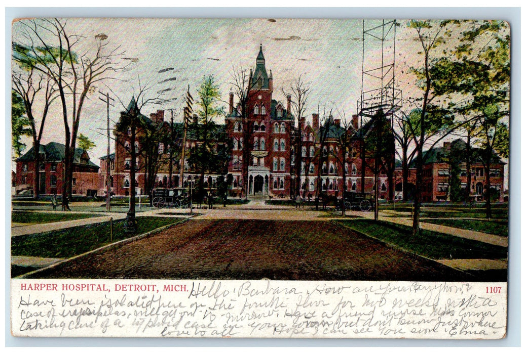 1908 Harper Hospital Building Scene Detroit Michigan MI Posted Vintage Postcard