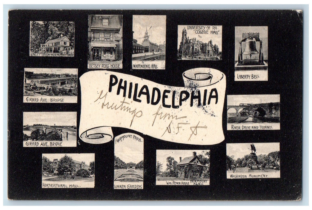 1906 Greetings From Philadelphia Landmarks Scene PA Posted Vintage Postcard