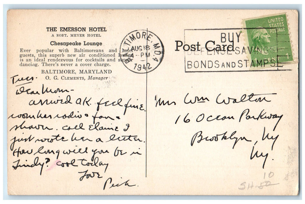 1942 The Emerson Hotel Chesapeake Lounge Restaurant Dining Baltimore MD Postcard