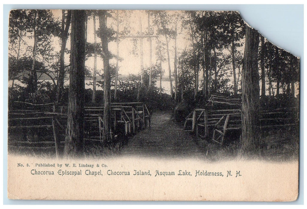 c1905 Chocorua Episcopal Chapel Island Asquam Lake Bench Holderness NH Postcard