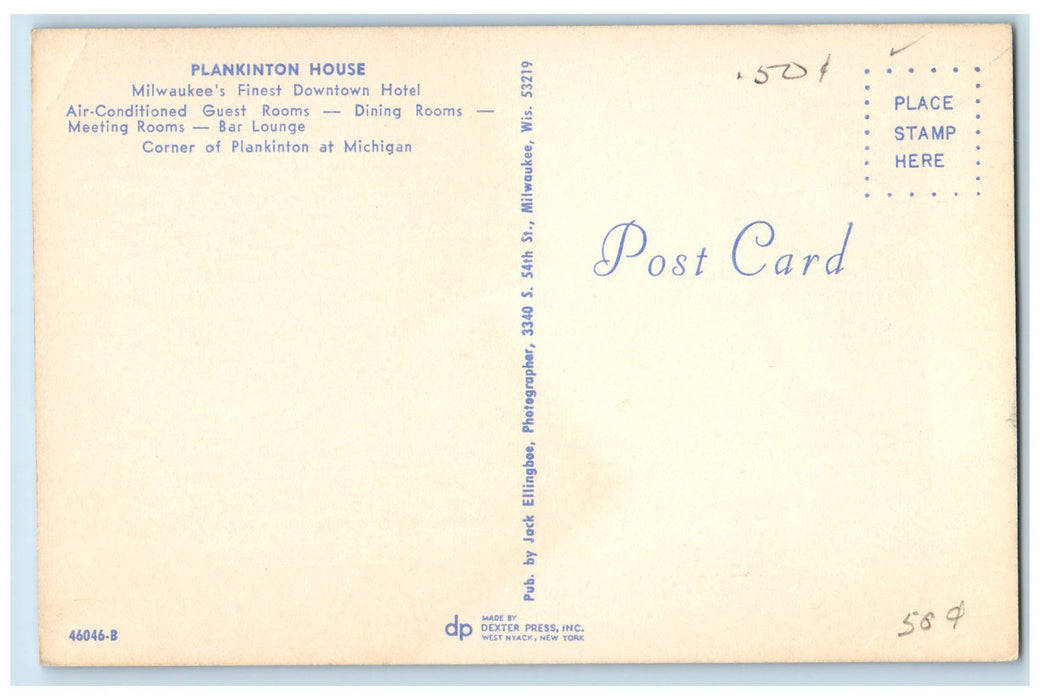 c1950 Plankinton House Restaurant Classic Cars Milwaukee Wisconsin WI Postcard