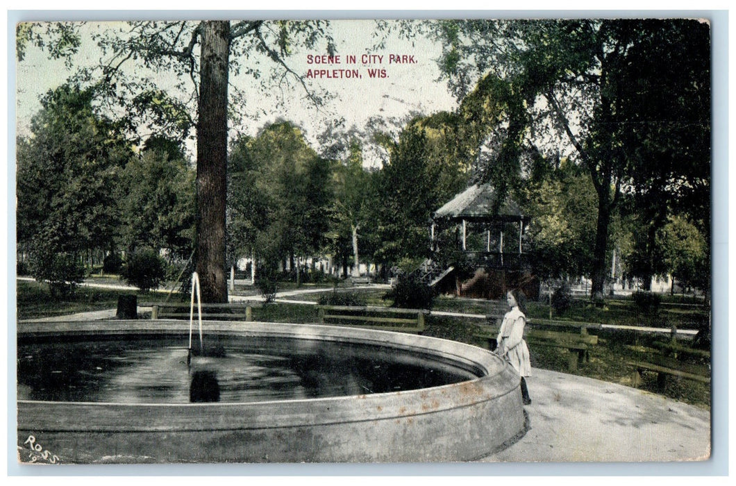 1911 Scene In City Park Fountain Shade Trees Path Appleton Wisconsin WI Postcard