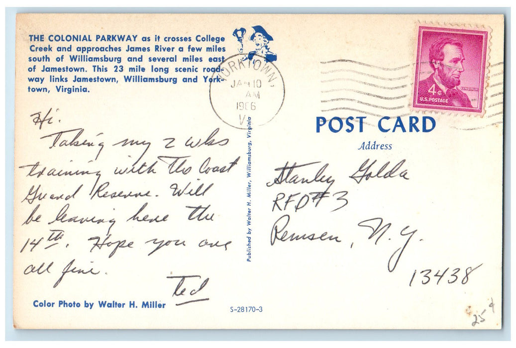 1966 The Colonial Parkway Classic Cars Road Lake Yorktown Virginia VA Postcard