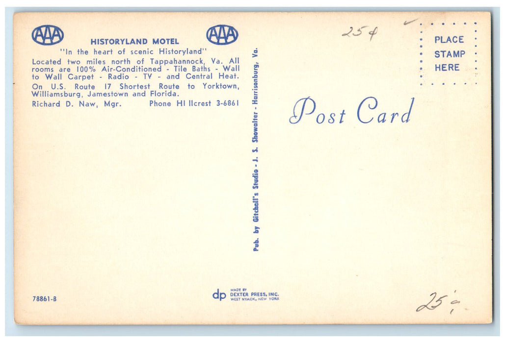 c1950 Historyland Motel Restaurant Swimming Pool Historyland VA Vintage Postcard