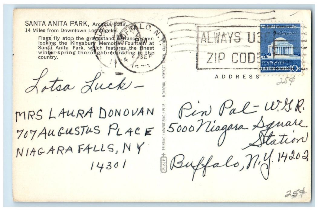 1974 Santa Anita Park American Flag Tourist Fountain Garden Arcadia CA Postcard