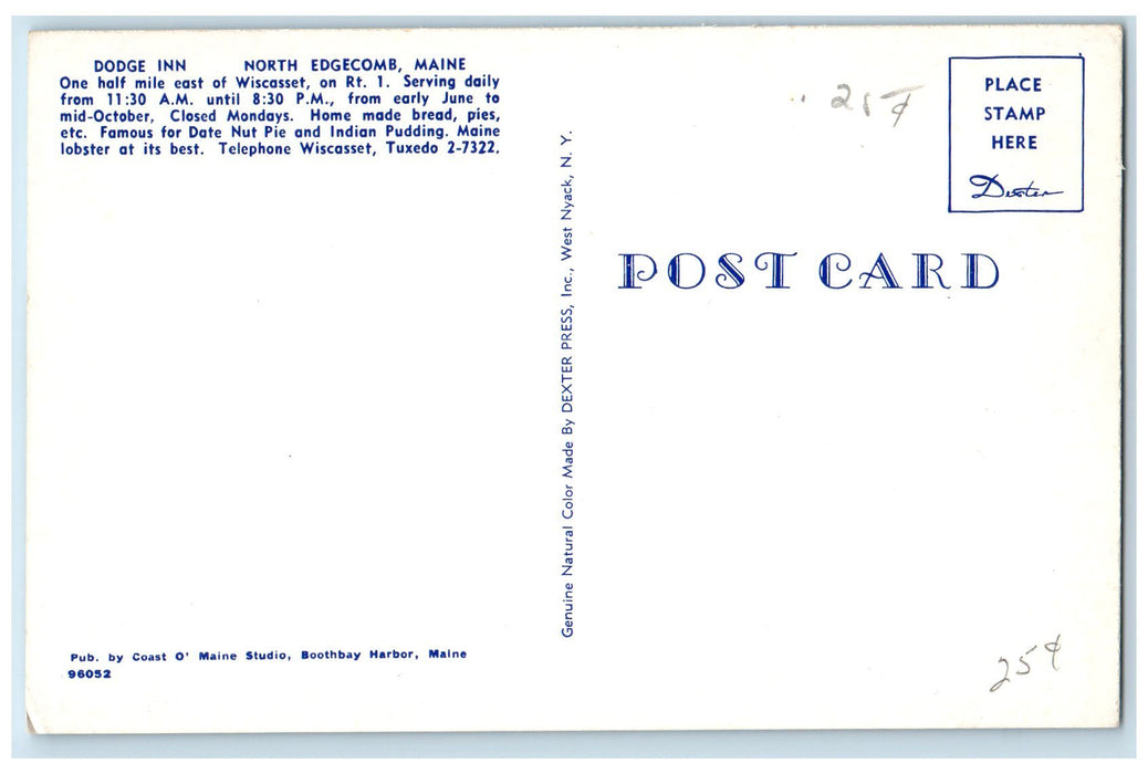 c1950 Dodge Inn Flag Seaside Restaurant Road Sun Bath North Edgecomb ME Postcard