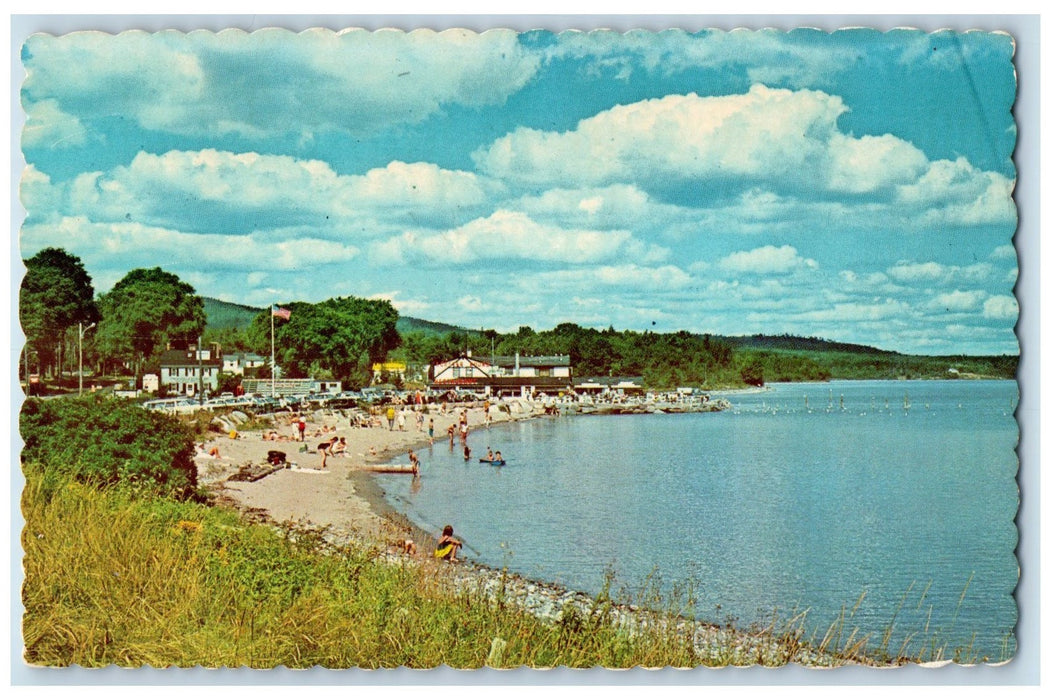 1976 Lincolnville Beach Blue Sea Swimming Tourist Flag Cars Maine ME Postcard