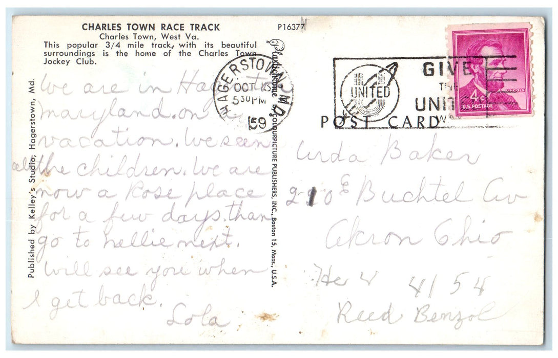 1959 Charles Town Race Track Horse Racing Scene West Virginia VA Posted Postcard