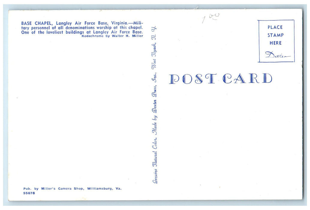 c1950 Base Chapel Langley Airforce Base Church Side View Virginia VA Postcard
