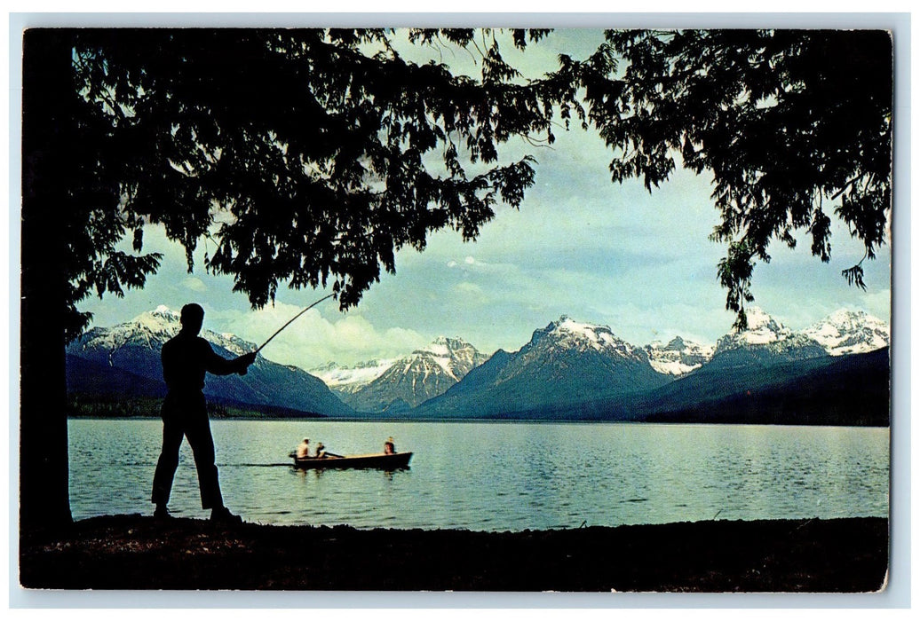 1967 Fisherman Silhouetted Lake Mc Donald Glacier National Park MT Postcard