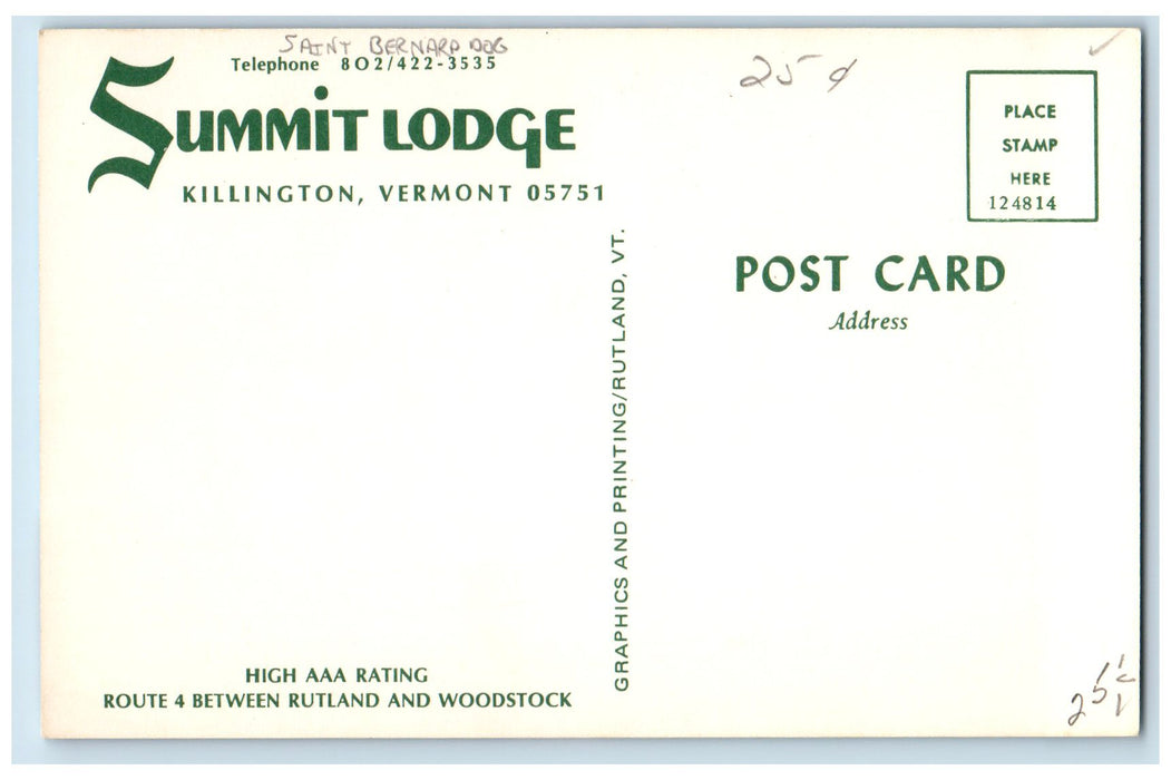 c1950 Summit Lodge Killington Restaurant Pool View St. Bernard Dog VT Postcard