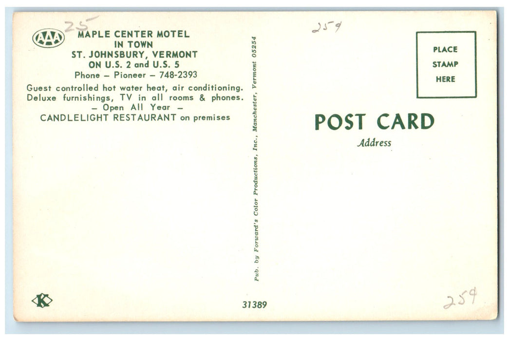 c1950 Maple Center Motel In Town Lined Rooms Restaurant St Johnsbury VT Postcard
